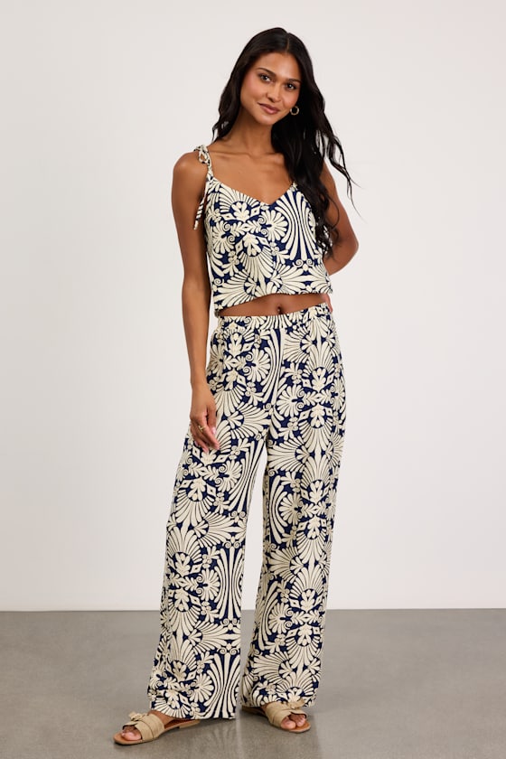 Abril Navy and Ivory Boho Print Tie-Strap Cami Top