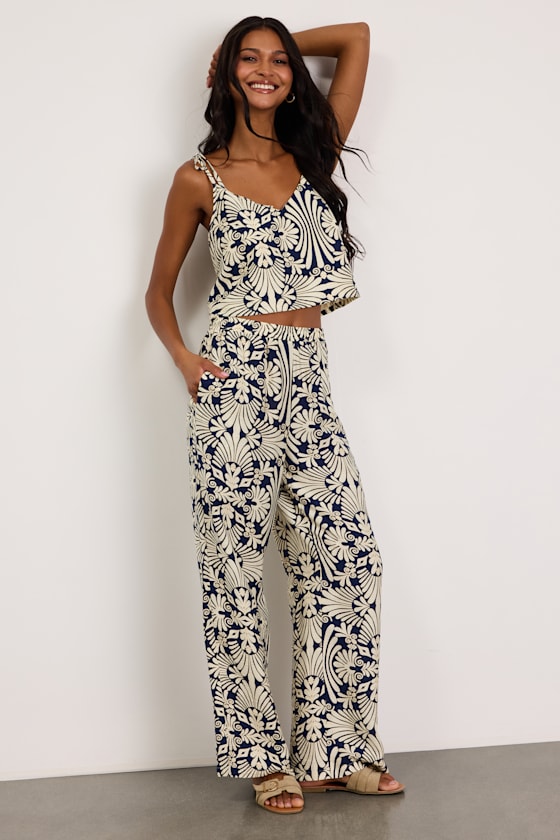 Abril Navy and Ivory Boho Print Wide-Leg Pants