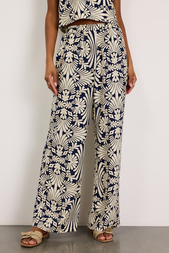 Abril Navy and Ivory Boho Print Wide-Leg Pants