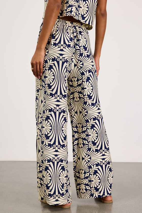 Abril Navy and Ivory Boho Print Wide-Leg Pants