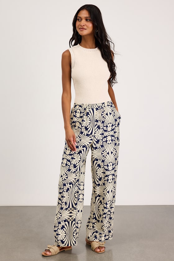 Abril Navy and Ivory Boho Print Wide-Leg Pants