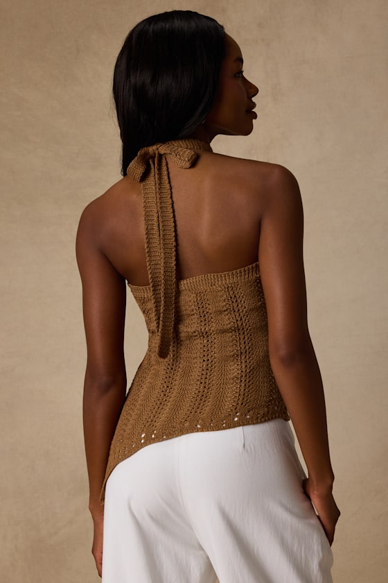Keely Light Brown Crochet Knit Asymmetrical Top