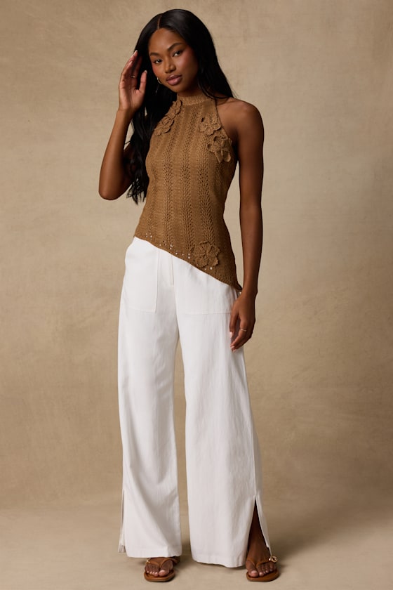 Keely Light Brown Crochet Knit Asymmetrical Top
