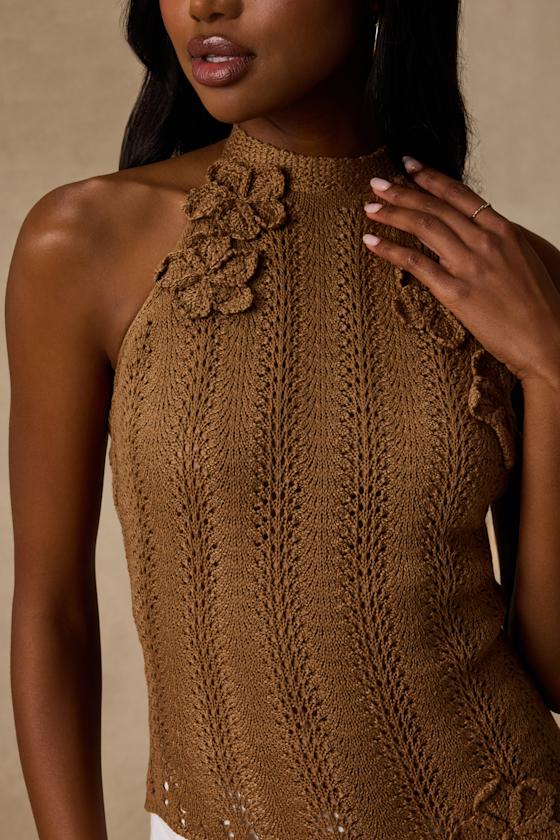Keely Light Brown Crochet Knit Asymmetrical Top