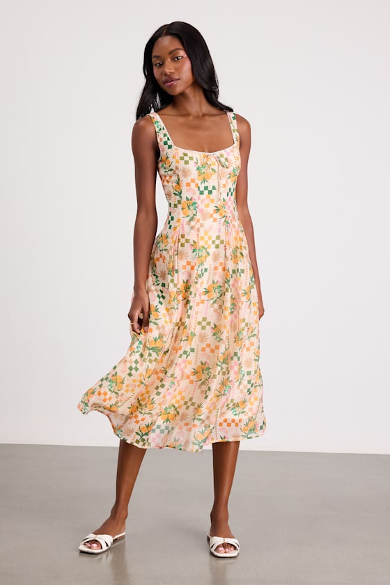 Anisa Cream Multi Print Sleeveless Midi Dress