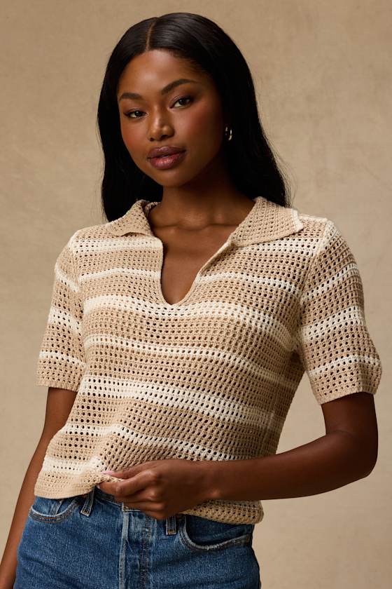 Bebe Beige Striped Crochet Collared Top