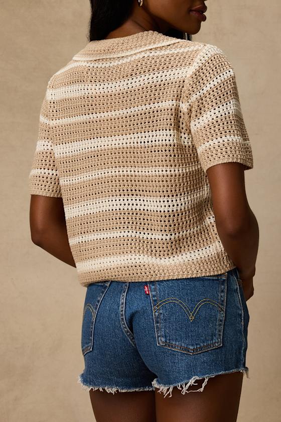 Bebe Beige Striped Crochet Collared Top