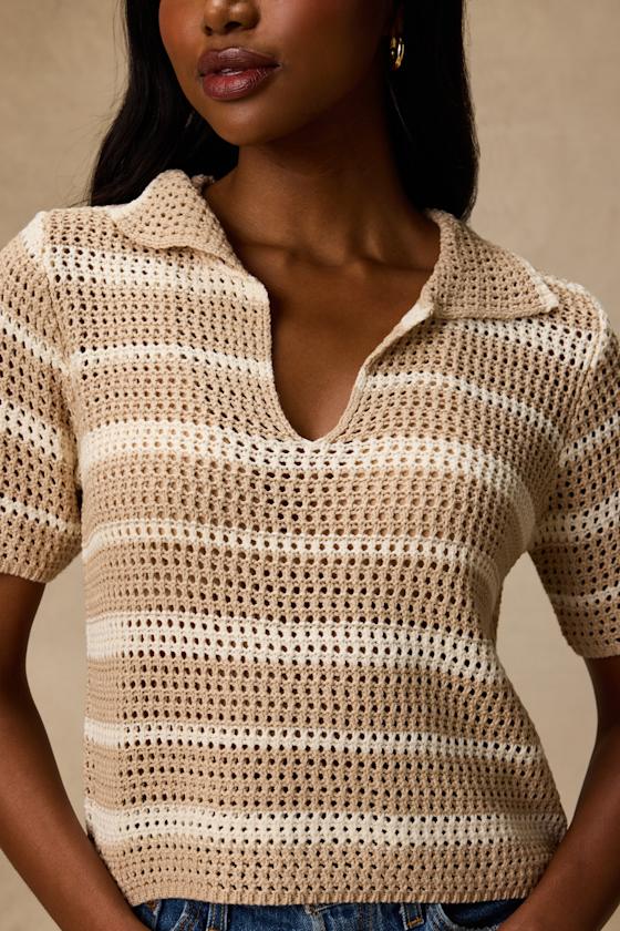 Bebe Beige Striped Crochet Collared Top