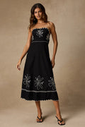 Leticia Black Linen Embroidered Tie-Back Midi Dress