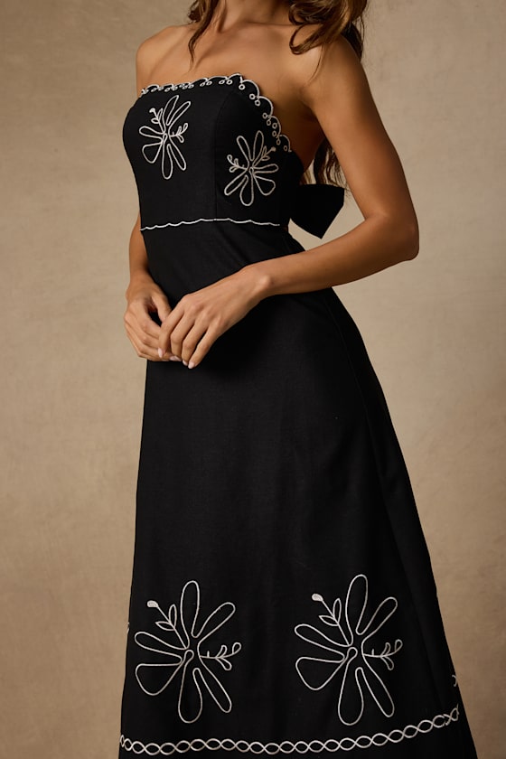 Leticia Black Linen Embroidered Tie-Back Midi Dress