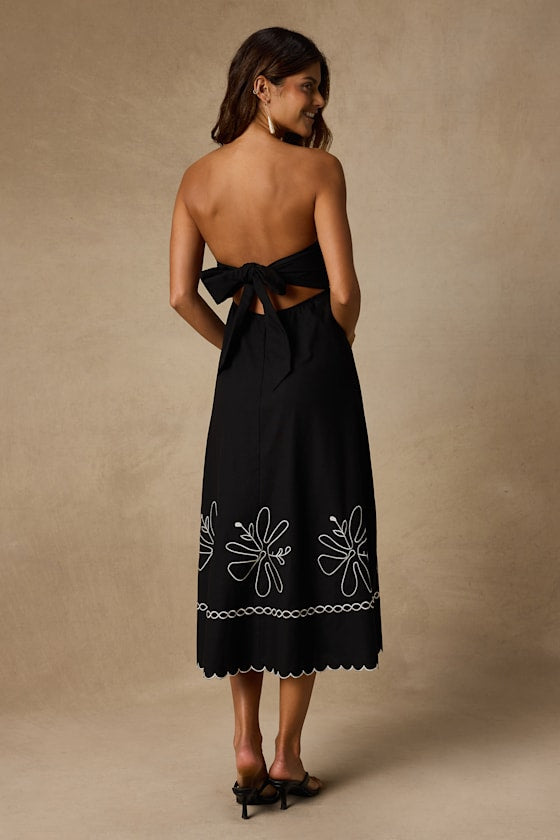 Leticia Black Linen Embroidered Tie-Back Midi Dress