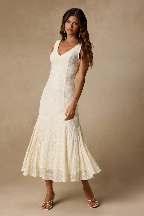 Effie Cream Lace V-Neck Midi Dress