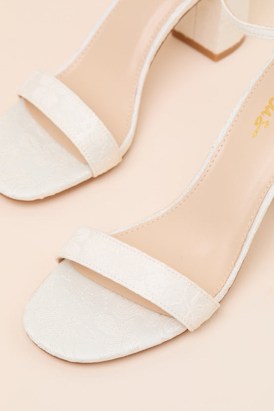 Arylee Ivory Floral Embroidered Ankle Strap Heels