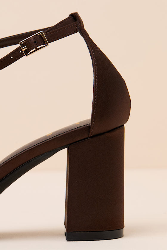 Arylee Dark Brown Satin Ankle Strap Heels