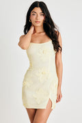 Dominia Pale Yellow Embroidered Lace-Up Mini Dress