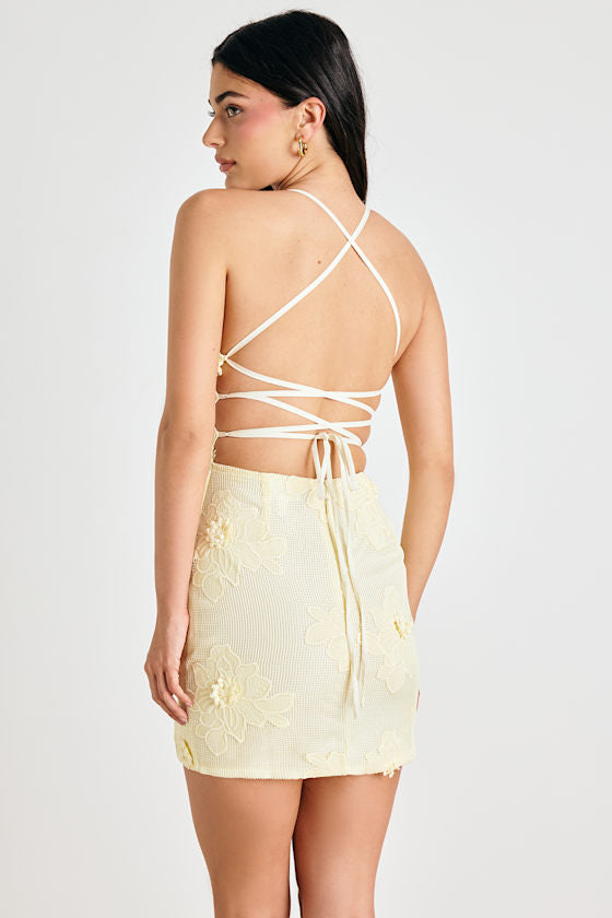 Dominia Pale Yellow Embroidered Lace-Up Mini Dress