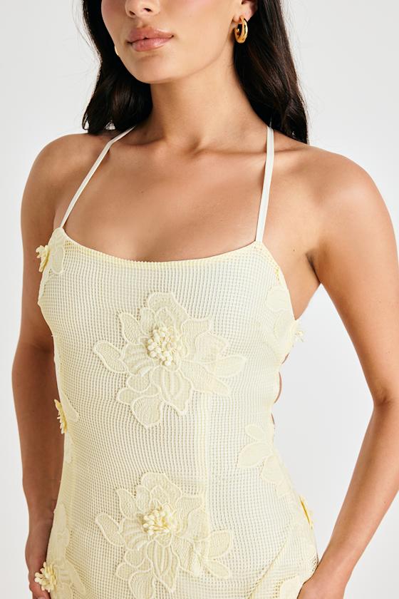 Dominia Pale Yellow Embroidered Lace-Up Mini Dress