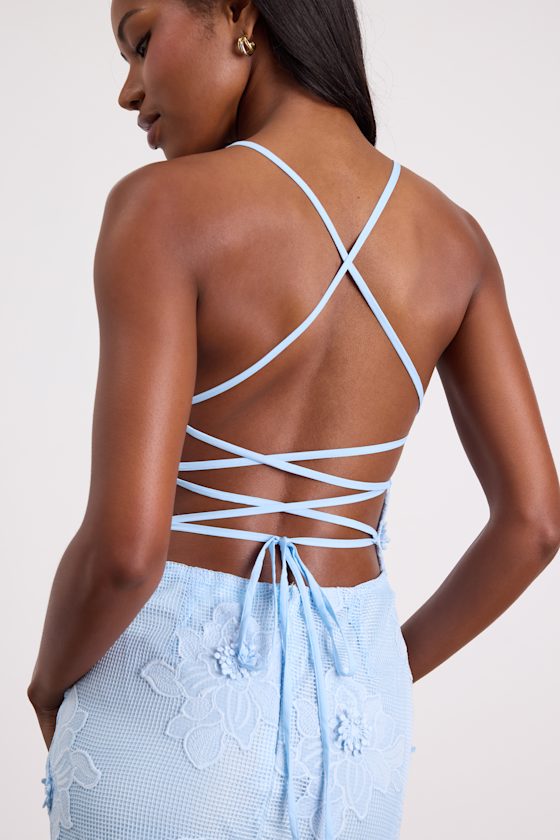 Dominia Light Blue Embroidered Lace-Up Mini Dress