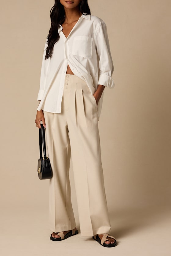 Rina Light Beige Pleated High-Rise Trousers