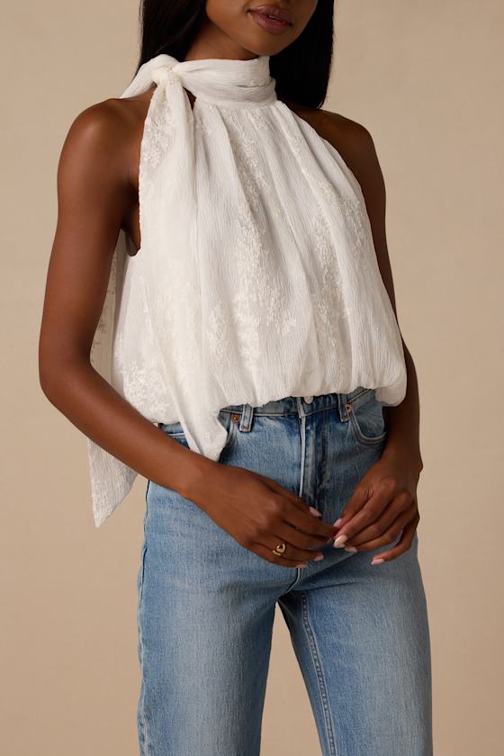 Charlie Ivory Textured Mock Neck Sash Top