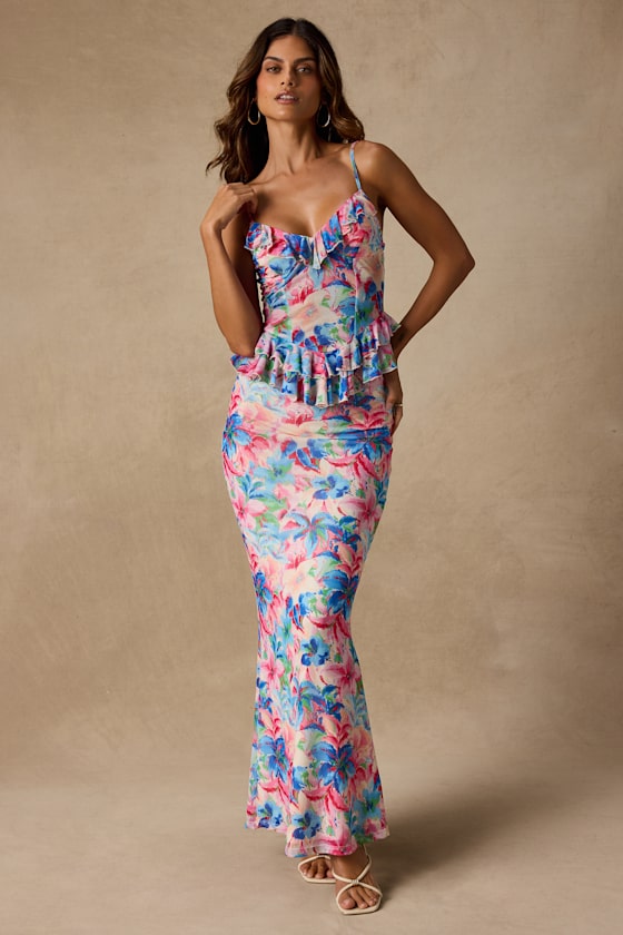 Romina Pink Multi Floral Mesh Ruffled Top