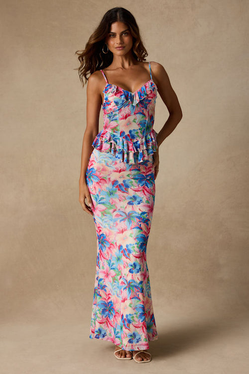 Romina Pink Multi Floral Mesh Maxi Skirt