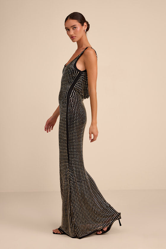 Tashi Black Mesh Cowl Back Rhinestone Maxi Dress