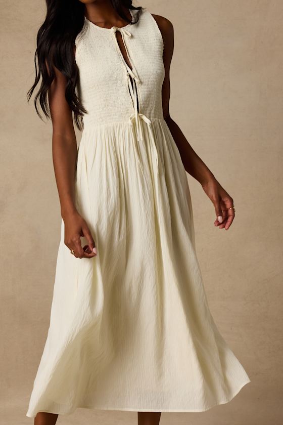 Nala Ivory Smocked Tie-Front Midi Dress