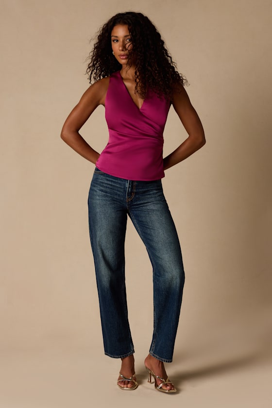 Nevaeh Berry Pink Satin Surplice Tank Top
