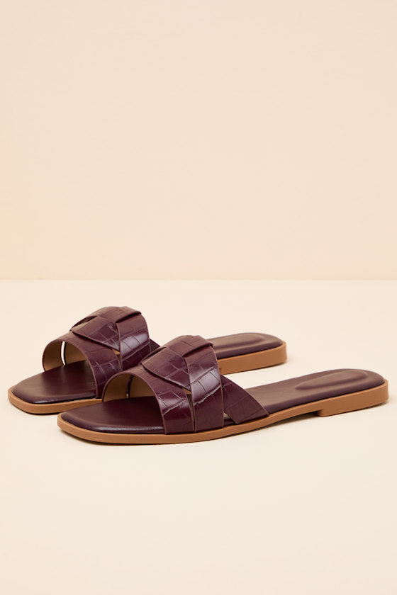 Dinny Wine Red Croc-Embossed Slide Sandals