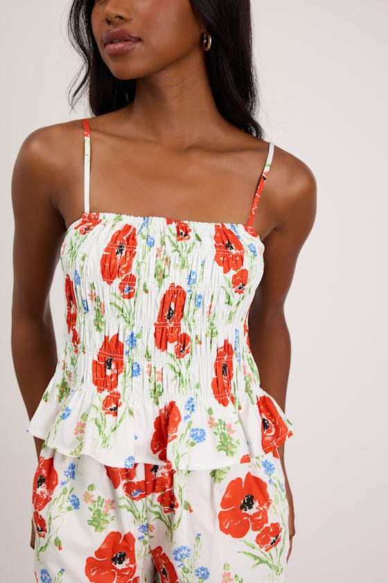Delaina White Multi Floral Smocked Tank Top