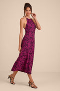 Caida Plum Floral Satin Halter Midi Dress