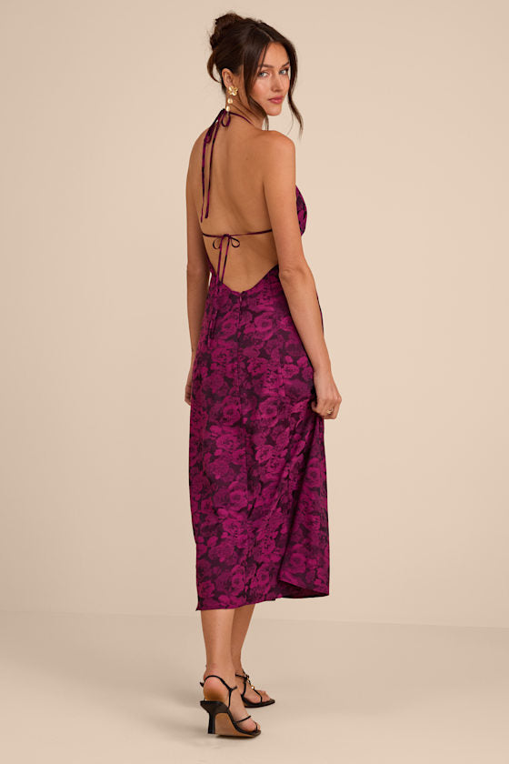 Caida Plum Floral Satin Halter Midi Dress