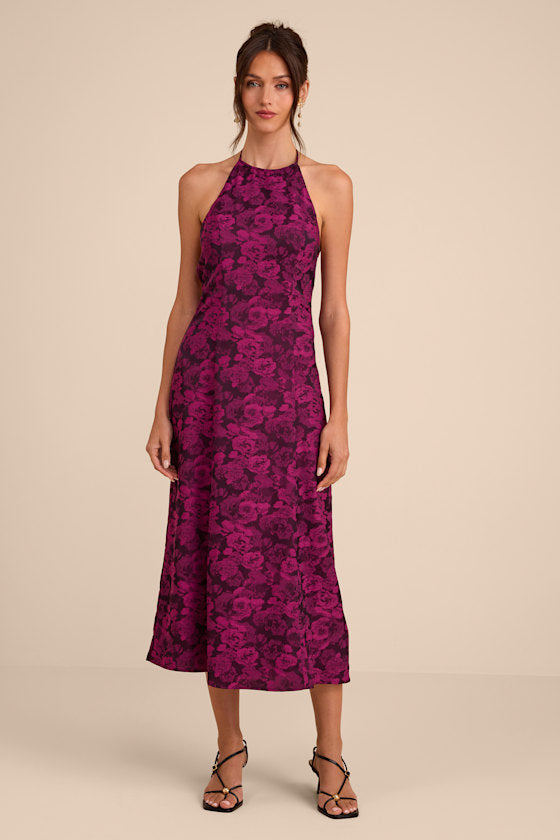Caida Plum Floral Satin Halter Midi Dress