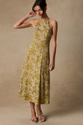 Caida Chartreuse Floral Satin Halter Midi Dress