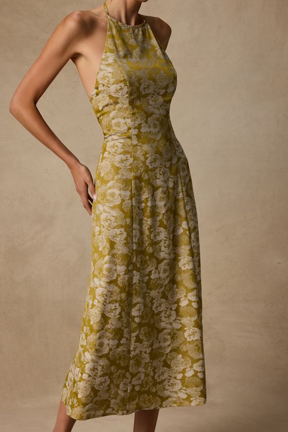 Caida Chartreuse Floral Satin Halter Midi Dress