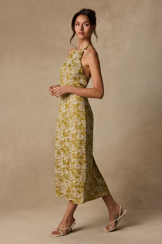 Caida Chartreuse Floral Satin Halter Midi Dress