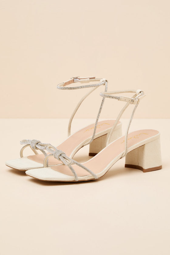 Zoelle Ivory Rhinestone Low Heel Ankle Strap Sandals