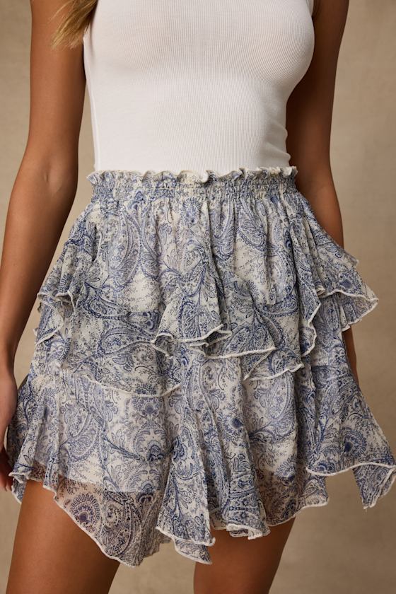 Tiana White and Blue Paisley Tiered Mini Skirt