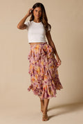 Pavinna Mauve Floral Print Tiered Ruffle Maxi Skirt