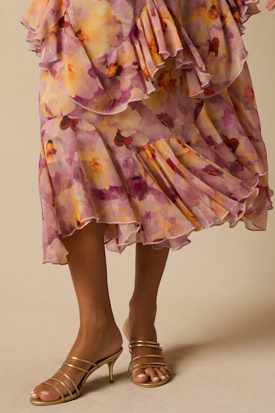 Pavinna Mauve Floral Print Tiered Ruffle Maxi Skirt