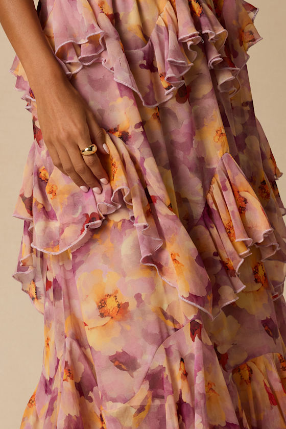 Pavinna Mauve Floral Print Tiered Ruffle Maxi Skirt