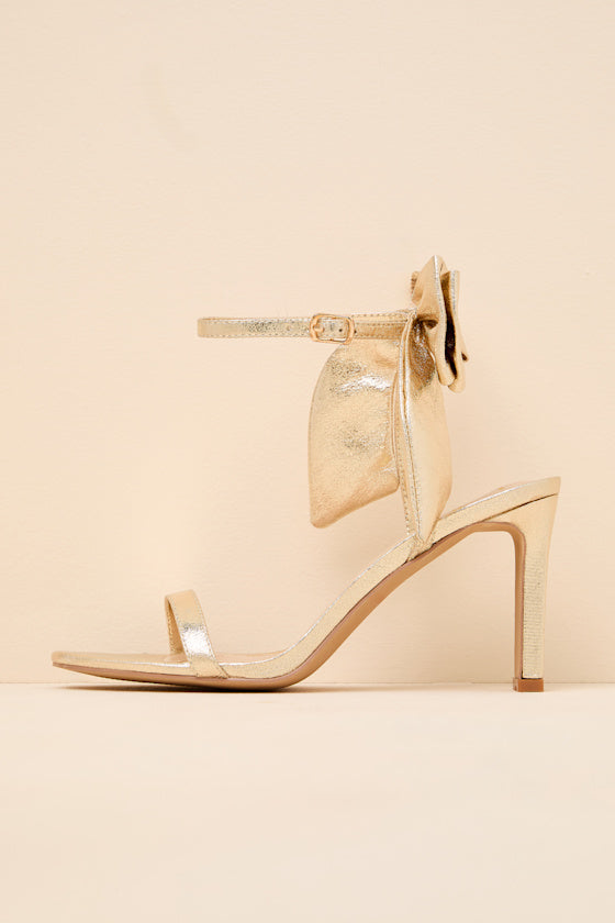 Allianna Gold Crinkle Bow High Heel Ankle Strap Sandals