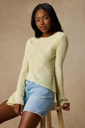 Xavia Light Yellow Ruffled Knit Asymmetrical Long Sleeve Top