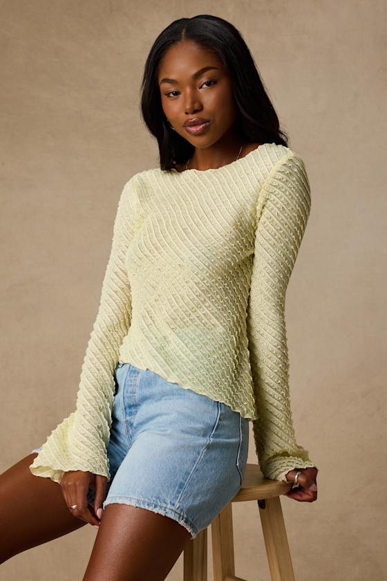 Xavia Light Yellow Ruffled Knit Asymmetrical Long Sleeve Top
