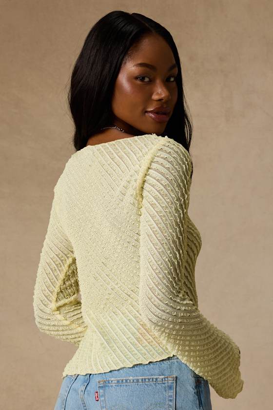 Xavia Light Yellow Ruffled Knit Asymmetrical Long Sleeve Top