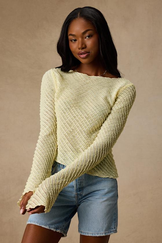 Xavia Light Yellow Ruffled Knit Asymmetrical Long Sleeve Top