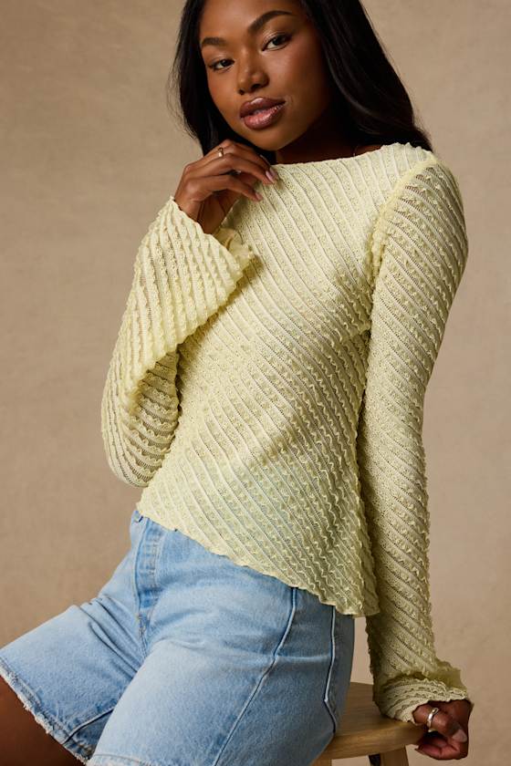 Xavia Light Yellow Ruffled Knit Asymmetrical Long Sleeve Top