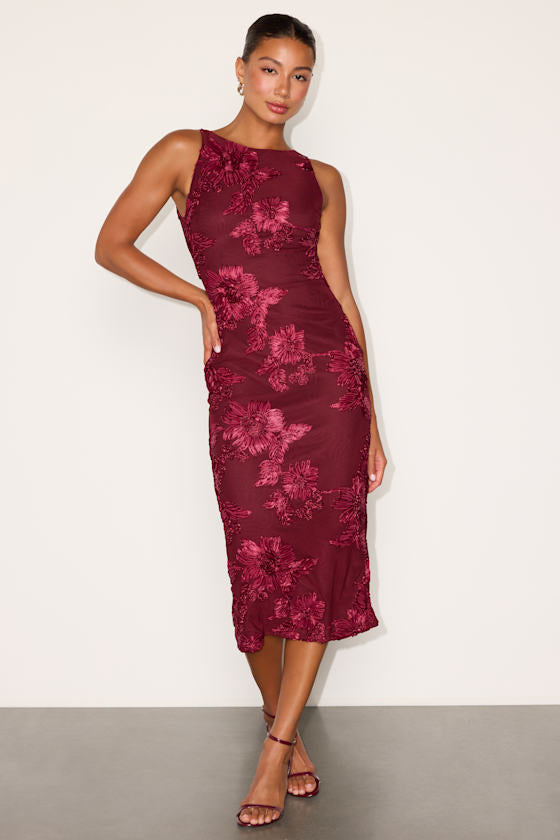 Taylin Berry Red Floral Applique Backless Midi Dress