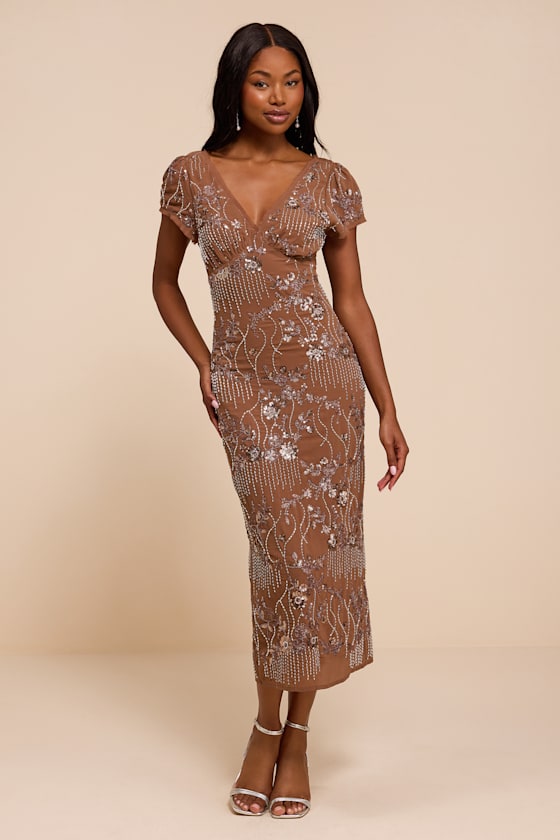 Angelila Light Brown Sequin Beaded Short Sleeve Midi Dress